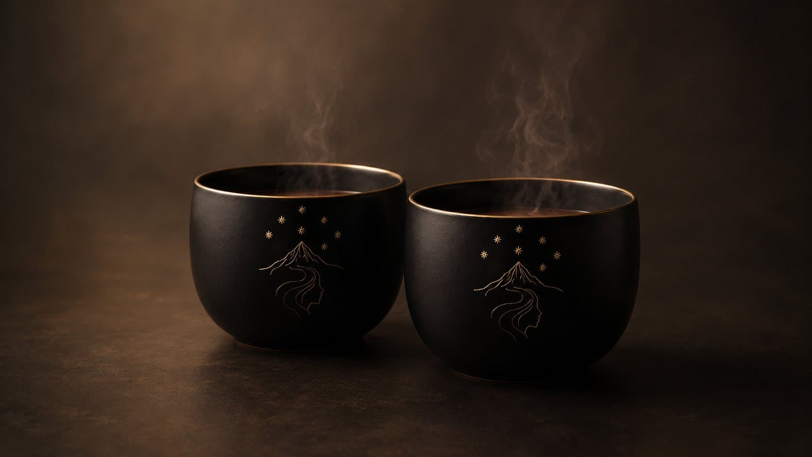 Two matte black Seven Sisters cups of cacao, steaming, each marked with the gold seven stars, mountain and woman