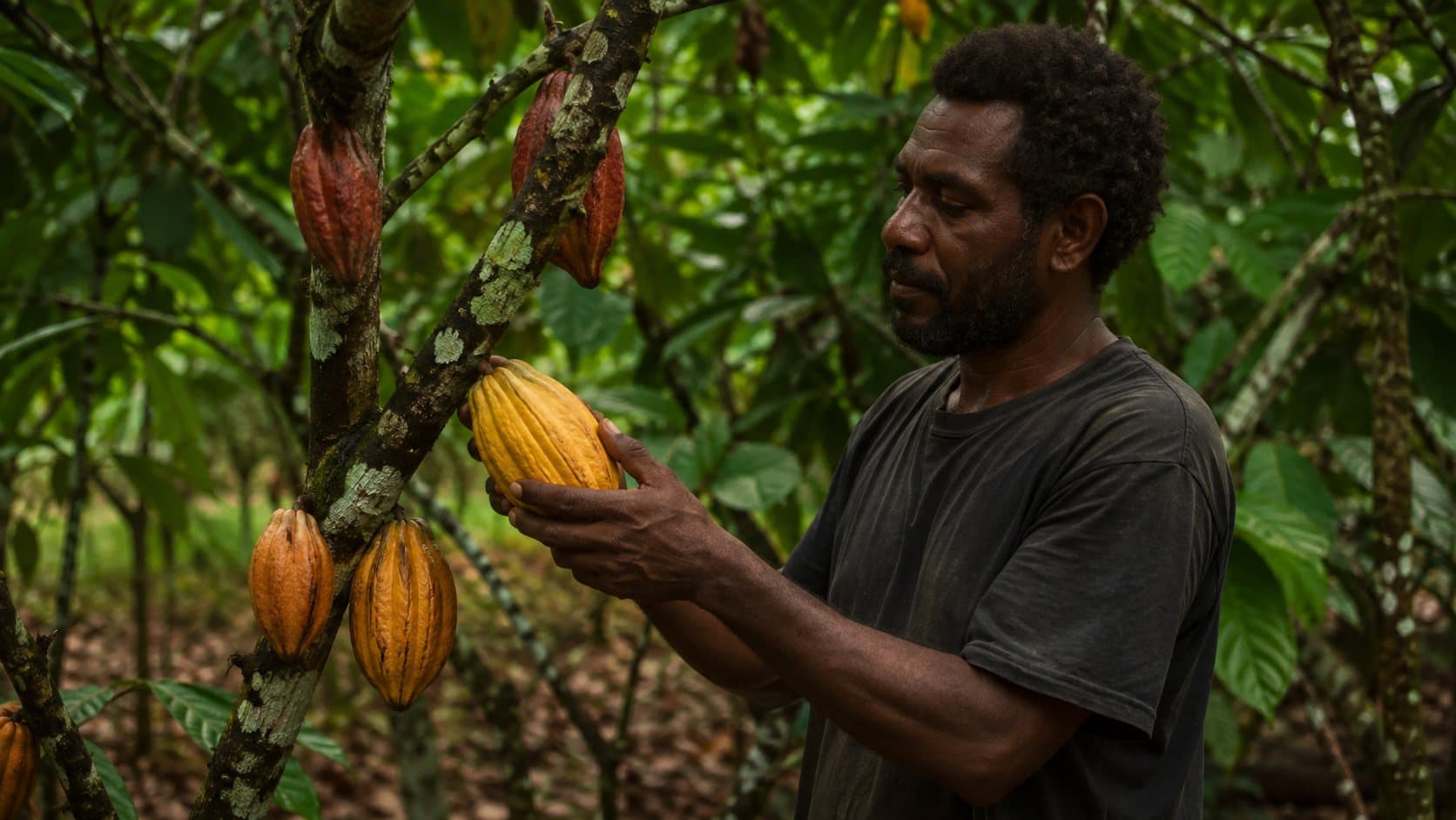 A grower in the Solomon Islands inspecting a ripe yellow cacao pod growing directly from the trunk of a cacao tree