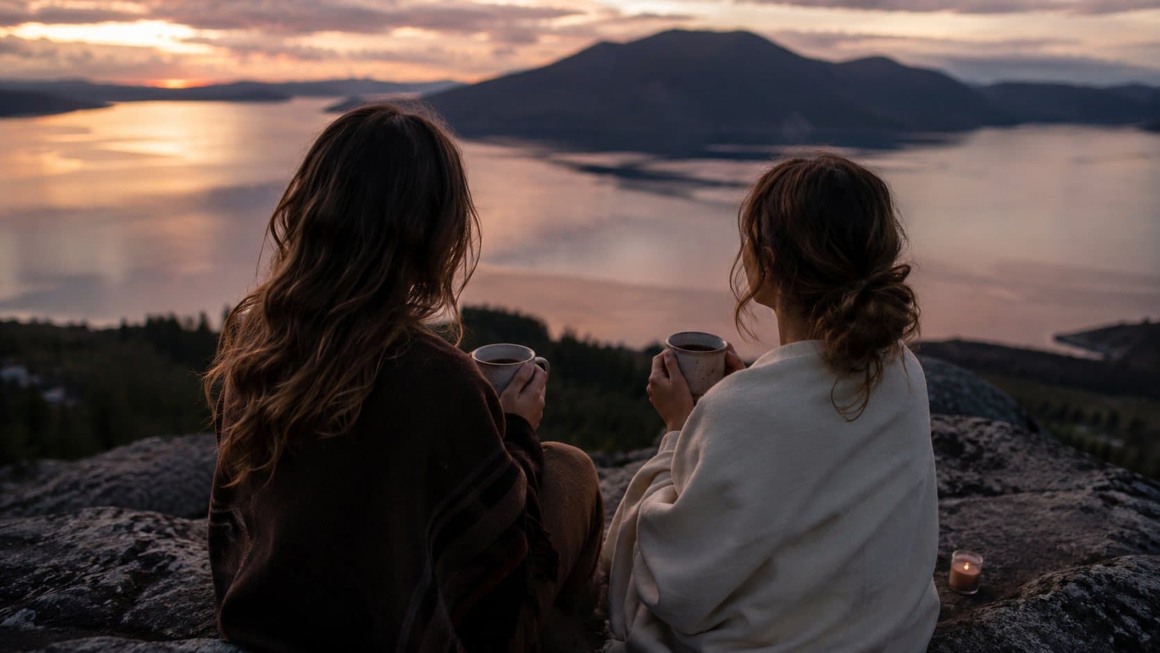 Two women wrapped in blankets on a rock at dusk, each holding a cup of cacao, looking out over water towards a mountain, with a candle burning beside them